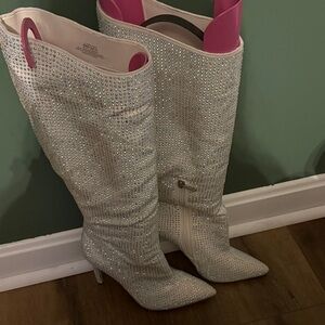 JLO Crystal-Embellished White Knee-High Stiletto Boots